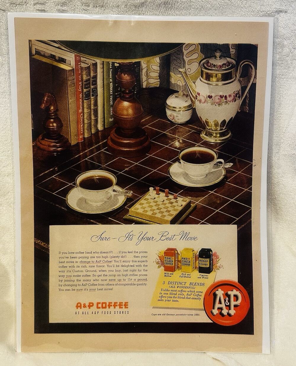 Vintage 1950 A & P Coffee Your Best Move Chess Theme ad New Retro Restaurant